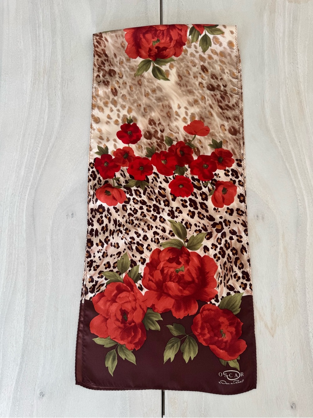 Oscar De La Renta Floral & Leopard Silk Scarf with Red Blooms